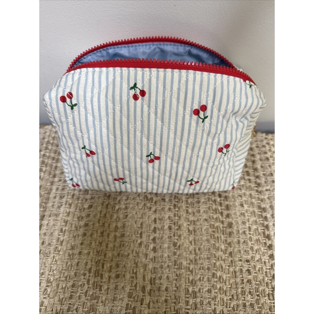 Quilted Cherry Print Makeup Bag, Red Zipper Closure With Gold Cherry Charm